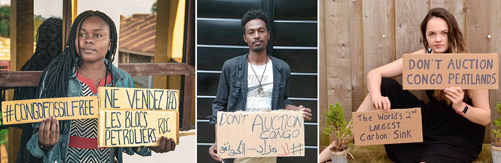 Three photos of protestors holding placards saying Fossil Free Congo (in French), Don't Auction Congo, andDon't Auction Congo Peatlands