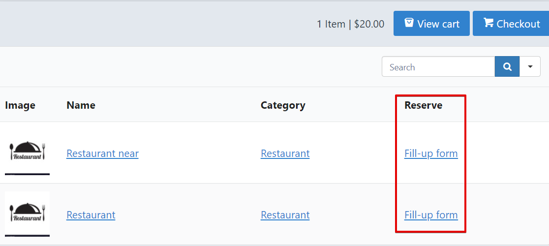 fillable forms in Ninja Tables for Valentine's day reservation