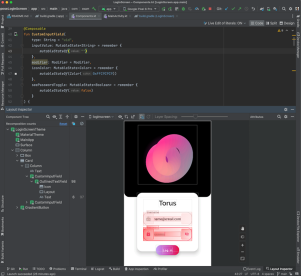 Layout Inspector showing recomposition count and recomposition highlighter