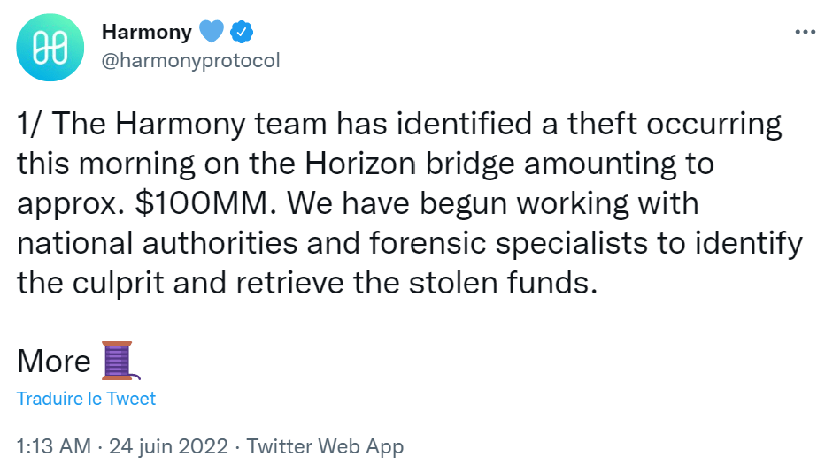 Horizon, the Harmony protocol bridge suffered an estimated $100 million hack