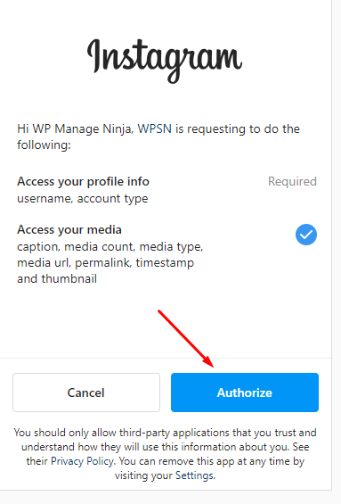 authorize Instagram access token