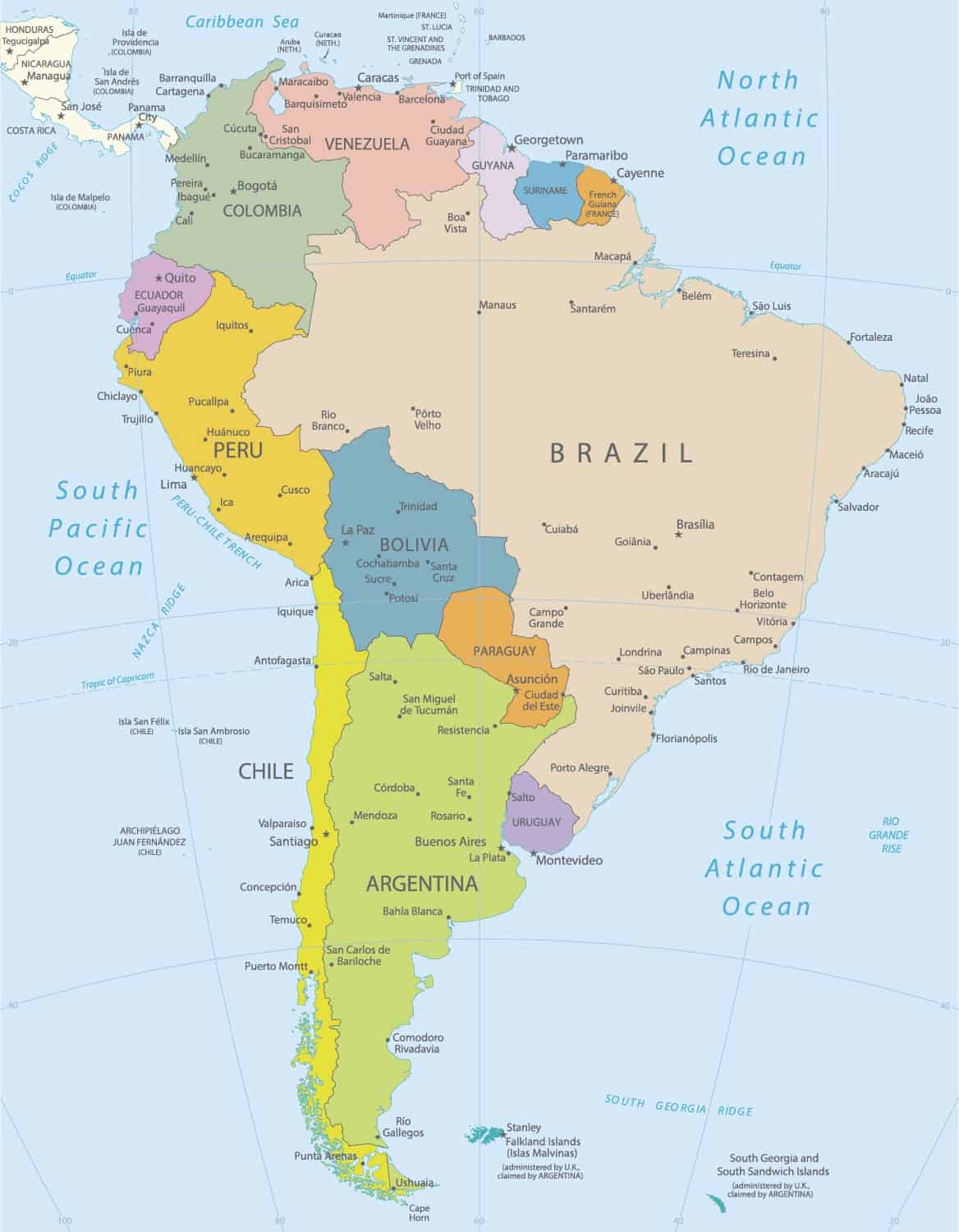 SÜDAMERIKA Staaten politische LANDKARTE von 1888 Brasilien Chile Peru 
