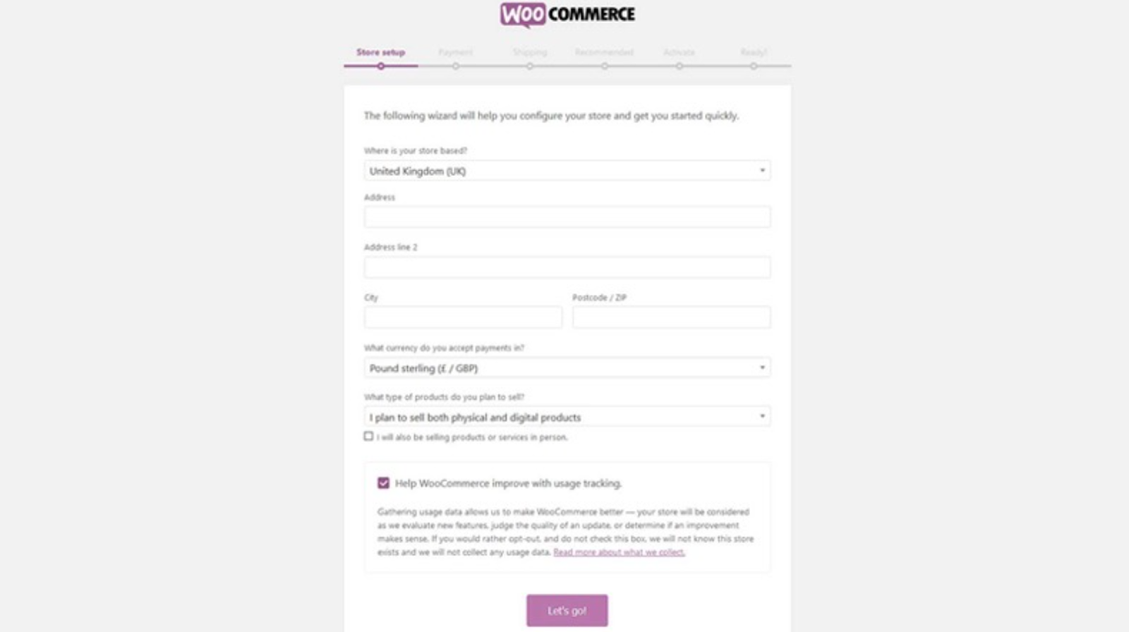 WooCommerce setup page