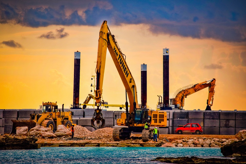 Construction Site, Working, Sea, Heavy Machines, Sky