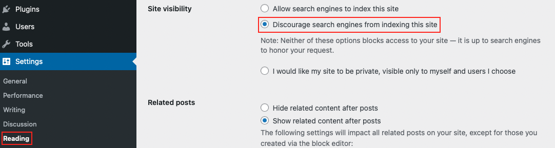 discourage search engines from indexing website view in settings -> reading in WordPress settings