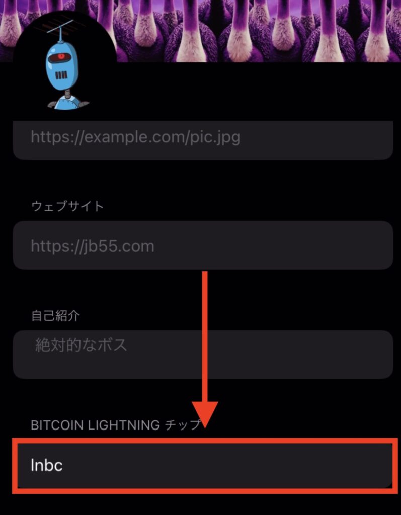 DamusのBITCOIN LIGHTNIG欄にペースト