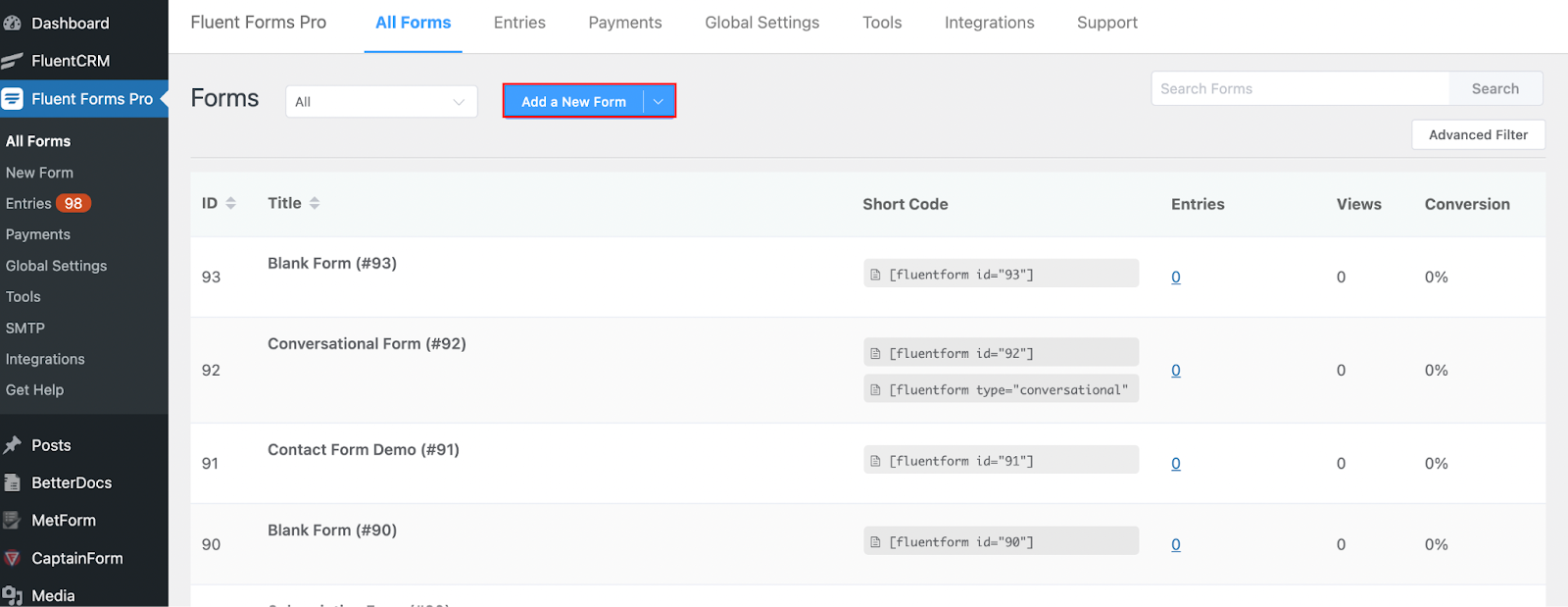 fluent forms pro, create form