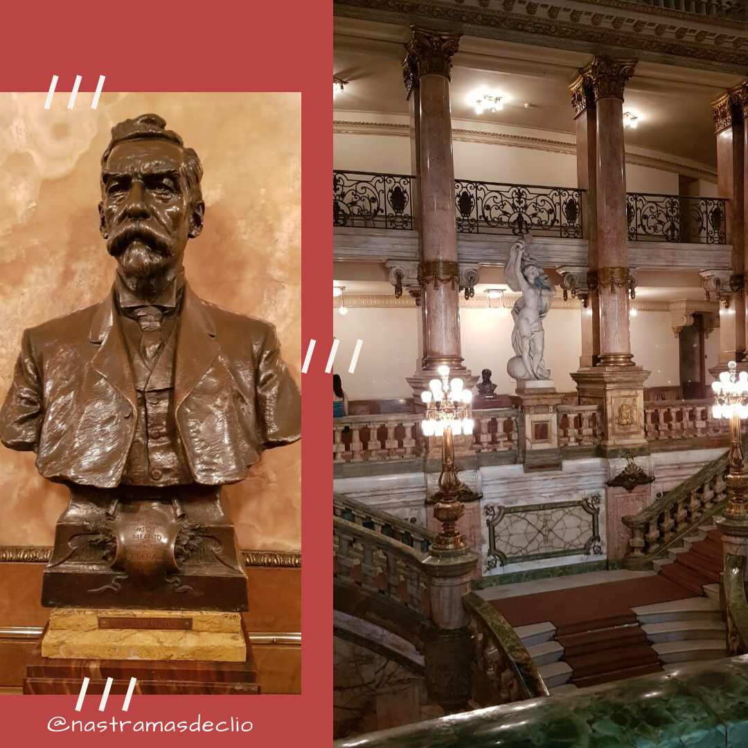 Estátua de Pereira Passos e fotografia do interior do Theatro Municipal.