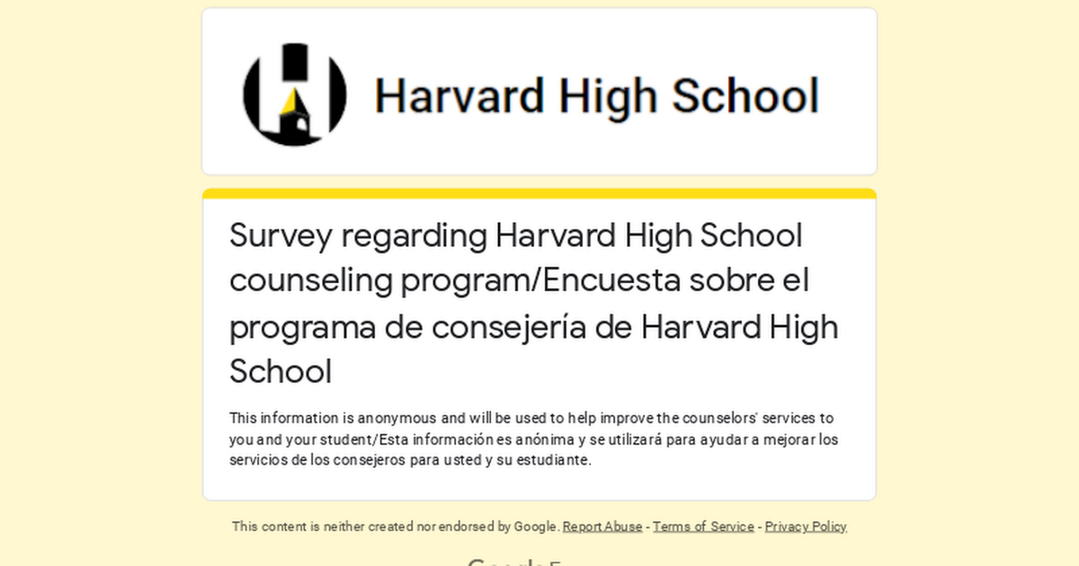 Survey regarding Harvard High School counseling program/Encuesta sobre el programa de consejería de Harvard High School