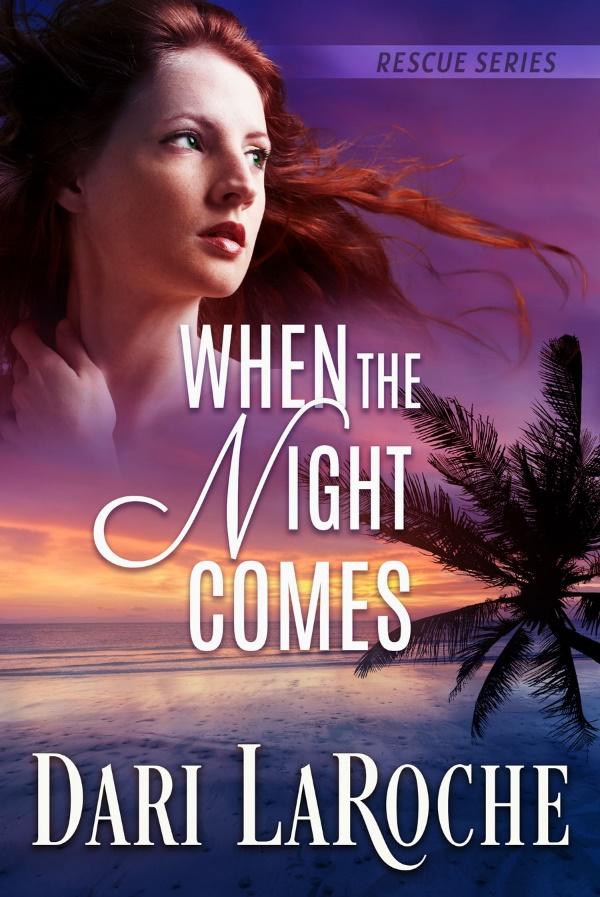 Cover of book, When the Night Comes, by Dari LaRoche. 

Woman with wind blowing her hair and the palm tree on beach.