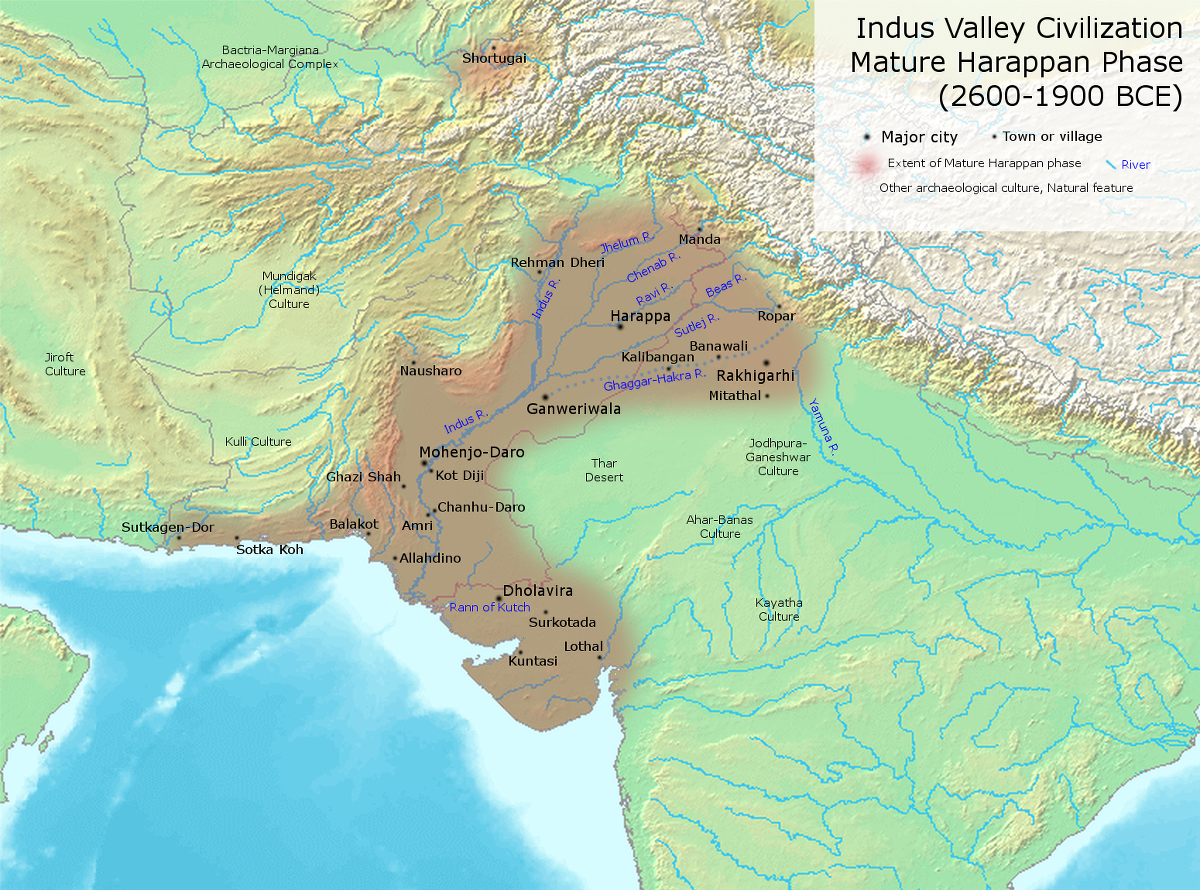 Indus Valley (Harappan) Civilization | Map of important Indus Valley (Harappan) Civilization cities and towns during its most developed period. | Author: User “Avantiputra7” | Source: Wikimedia Commons | License: CC BY-SA 3.0