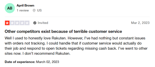One-star Rakuten review from a consumer who had a bad experience with the platform’s customer service team. 