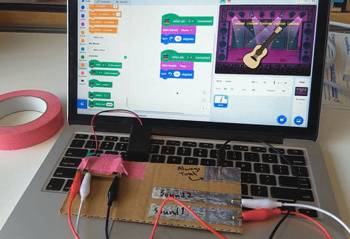 A simple cardboard instrument in action. This project uses the micro:bit pins and the Scratch “When pin connected” block. (This project has sound too!)