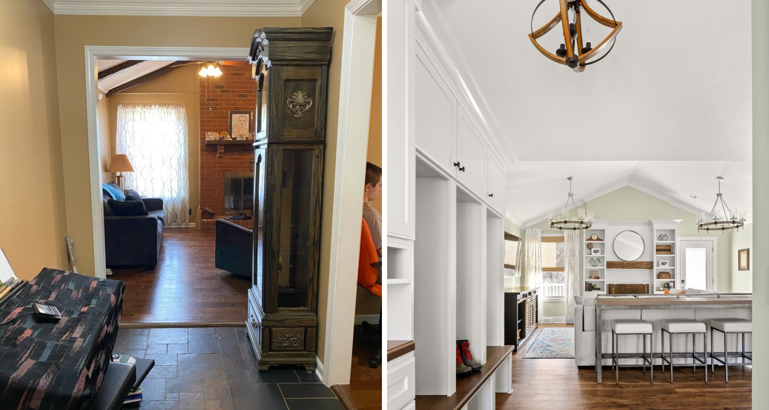 superior construction and design Lebanon, TN 1970s ranch reno entry way into kitchen with 3 barstools living area