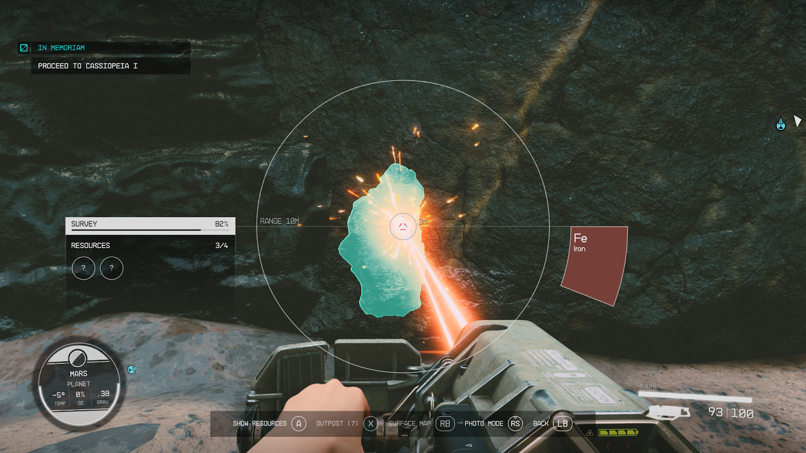 An in game screenshot of Iron being mined from the game Starfield. 