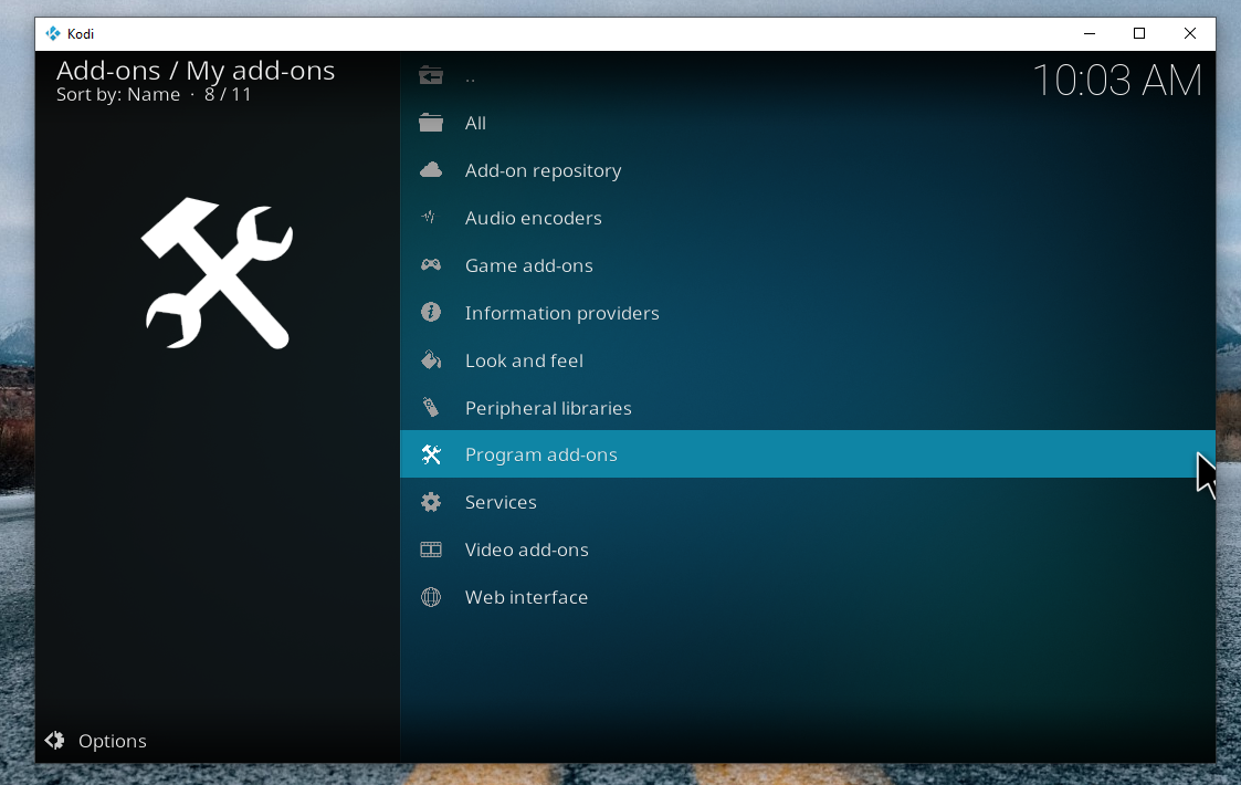Screenshot of Kodi's add-on menu highlighting Program add-ons option