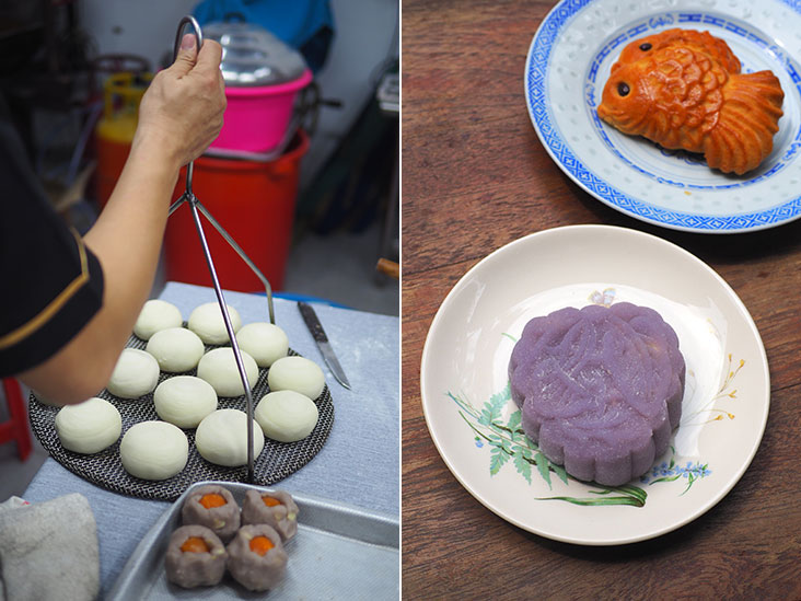 After they are rolled up, the Shanghai mooncakes are placed on a tray and deep fried in hot oil (left). Try this yam snow skin mooncake filled with their yam paste (right).
