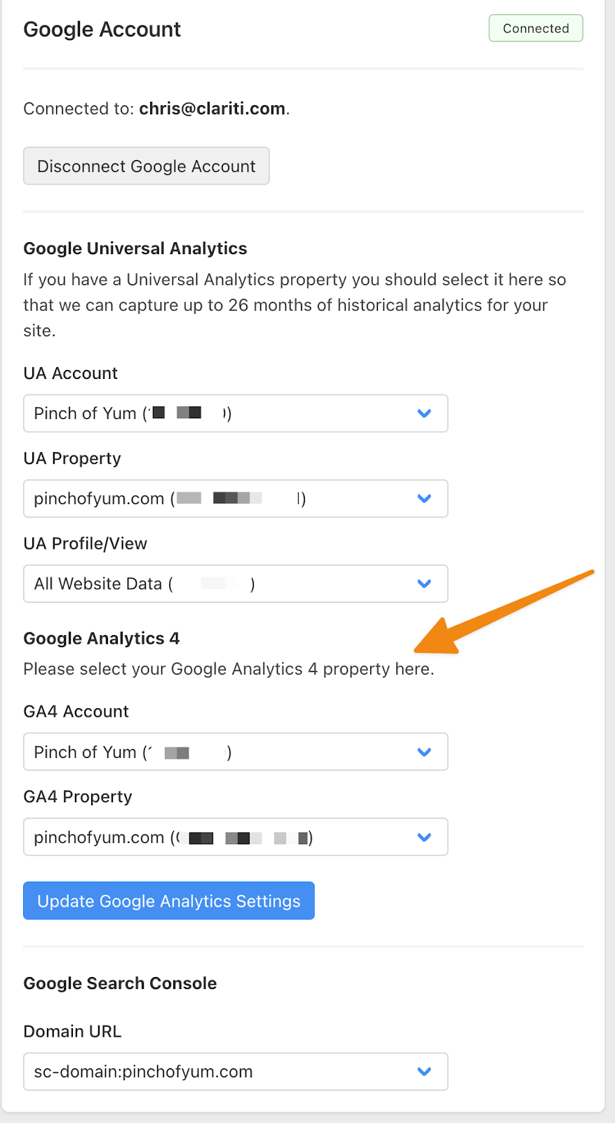 Screenshot of Google Analytics settings in Clariti