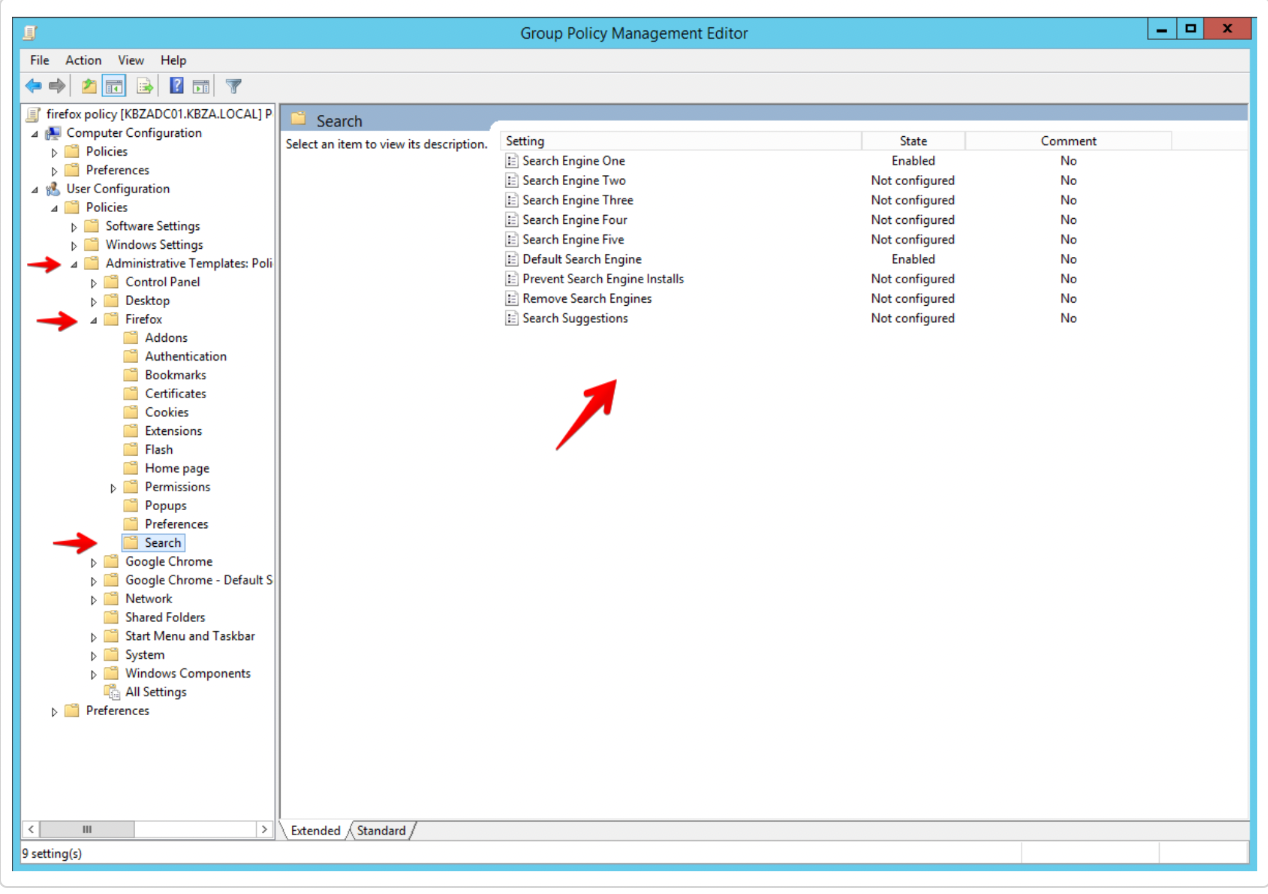 Image showing how to reach the default search provider folder within the group policy editor for Firefox