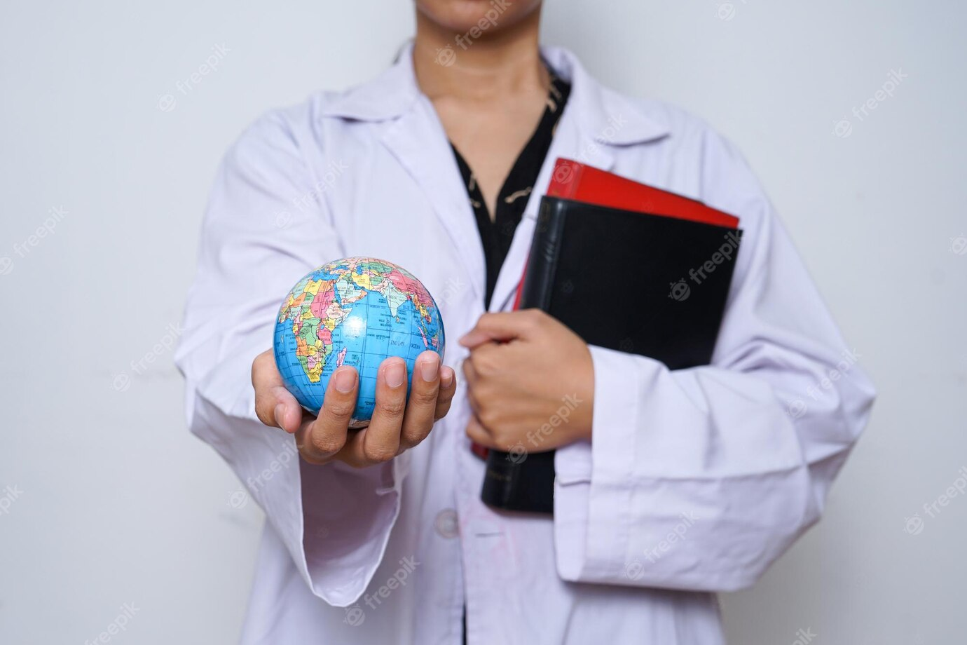 Female doctor's hands in medical gown hold globe and books, representing global education.