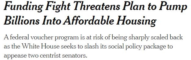 screenshot of new york times headline: Funding fight threatens plan to pump billions into affordable housing