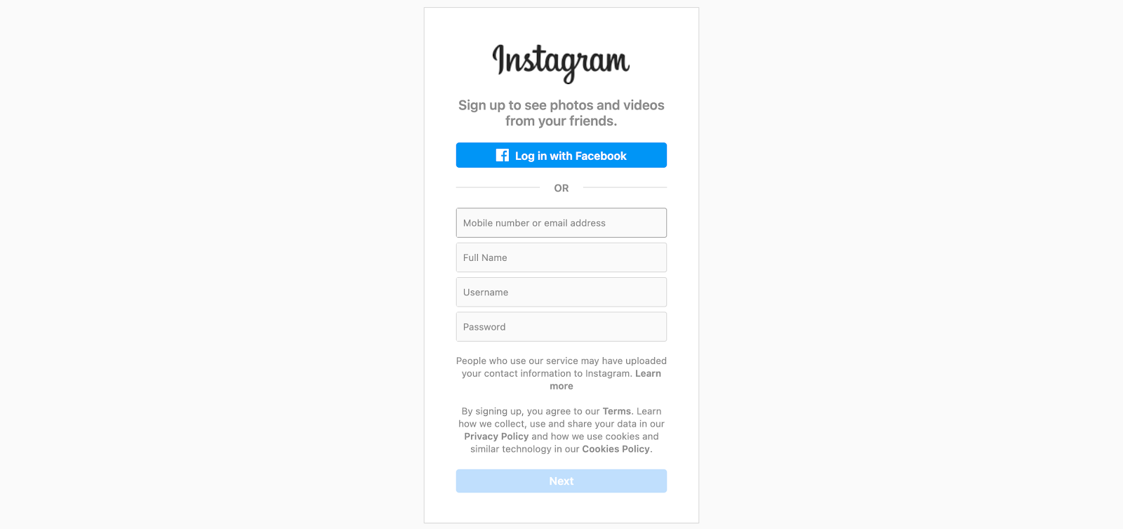 This is how starting an Instagram account looks like on a desktop browser.