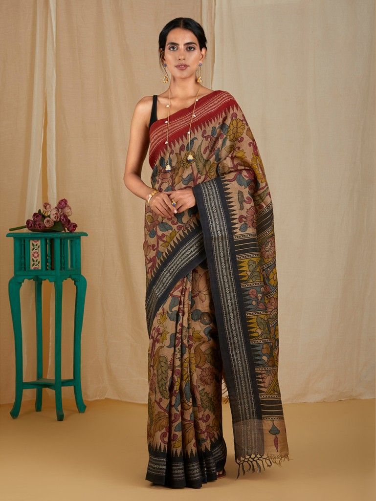 Beige-Red-Hand-Painted-Kalamkari-Silk-Saree