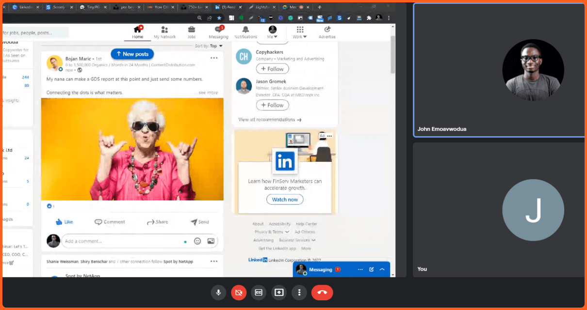 in a Google meet video call engaging on linkedin with a friend.