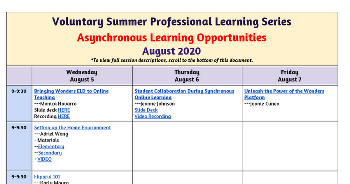 Distance Learning PD Schedule - Asynchronous & Sychronous