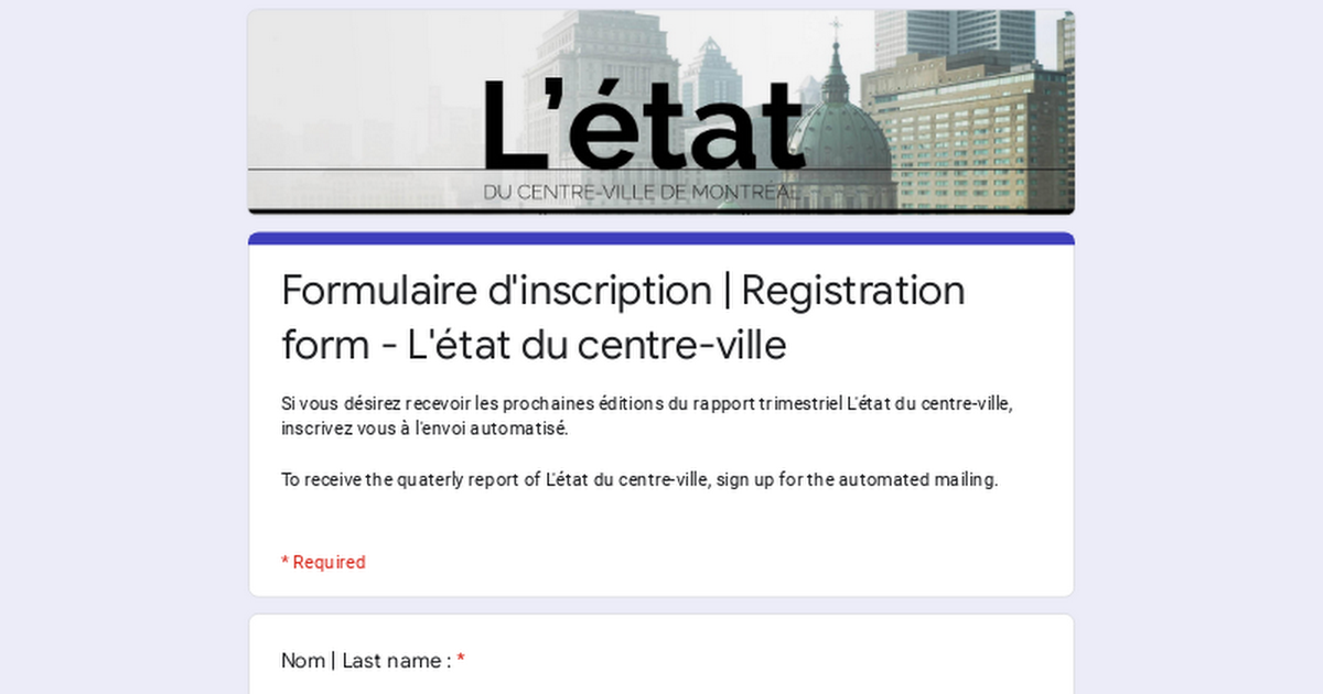 Formulaire d'inscription | Registration form - L'état du centre-ville
