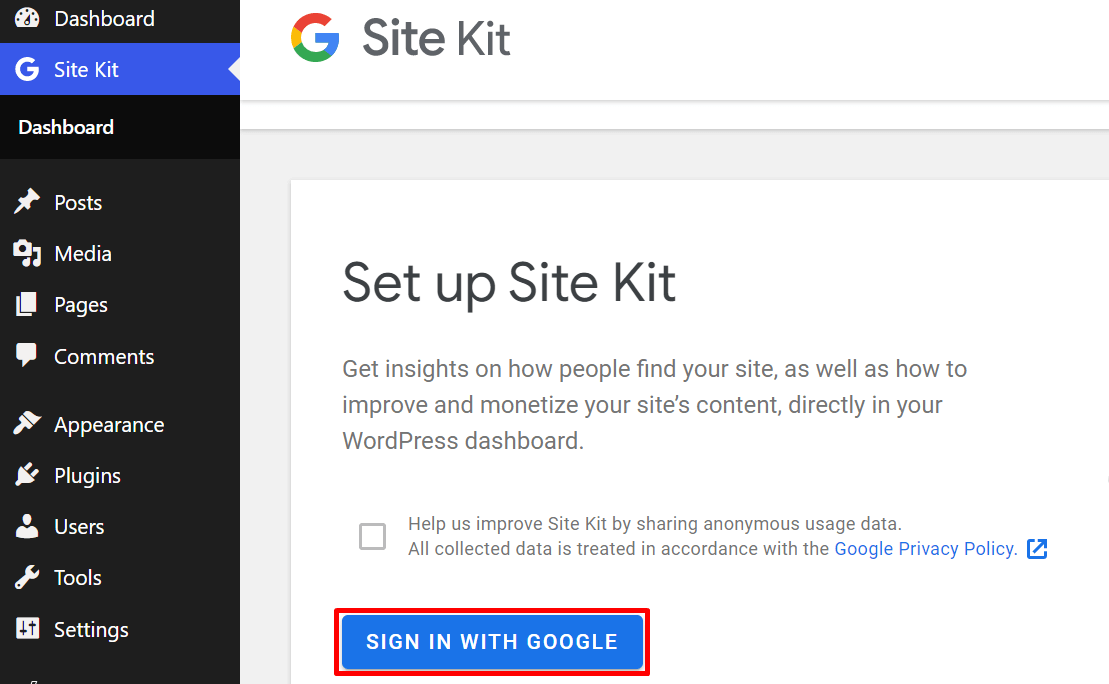 Google Site Kit plugin set up option overview- How to Customize Your WordPress Site