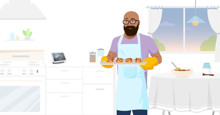 Google Nest Hub Max에서 음성으로 쿠키를 굽고 타이머를 설정하는 남자.
