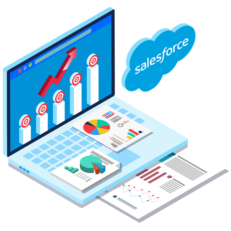 Salesforce logo with data analytics on a computer screen.