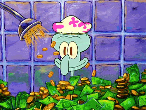 the cartoon character squidward tentacles is wearing a shower cap as he is showered with money from starting an animation studio