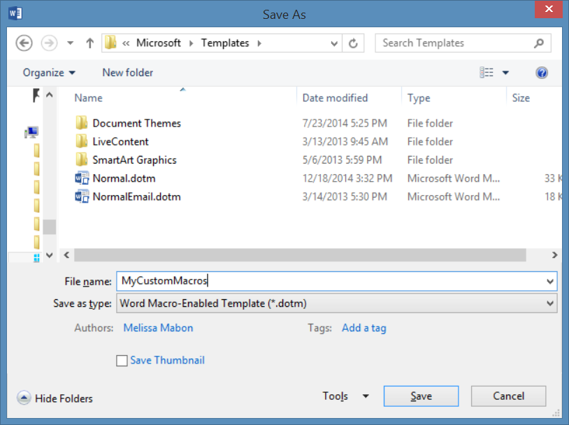 SaveAs MyCustomMacros dotm file