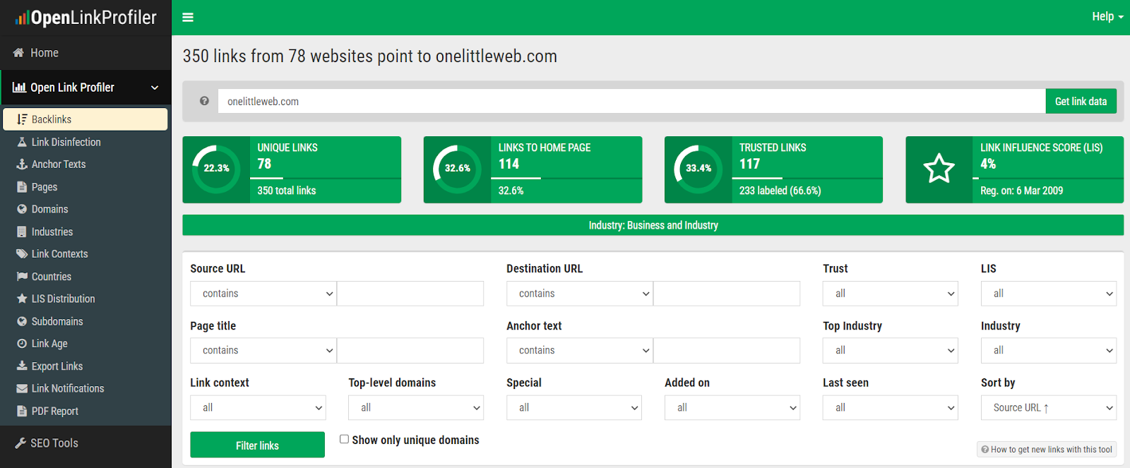Open Link Profiler showing the backlink results for OneLittleWeb