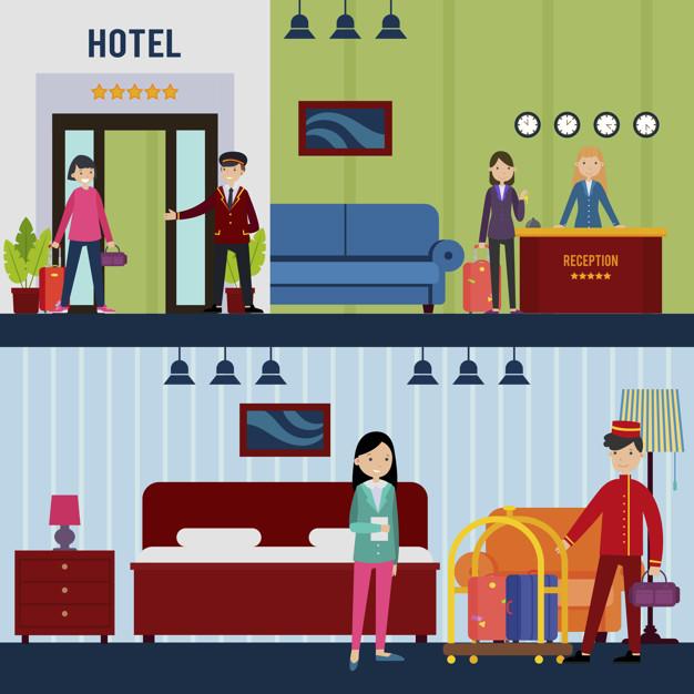 People in hotel horizontal banners Free Vector