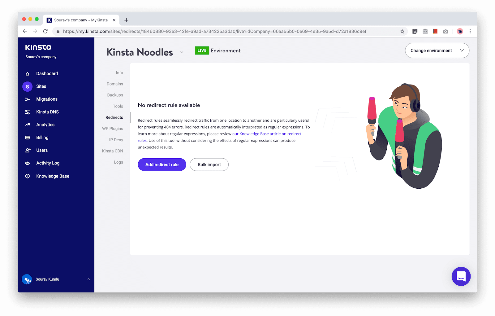 captura de tela do painel de gerenciamento de redirecionamento de URL Kinsta