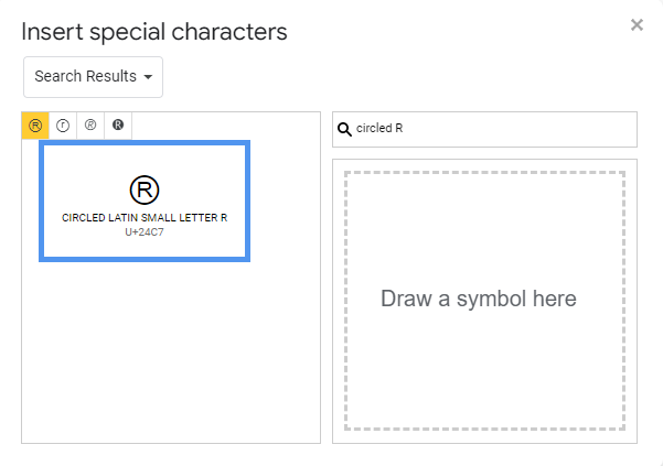 searching for Circled R symbols text in special characters in google docs