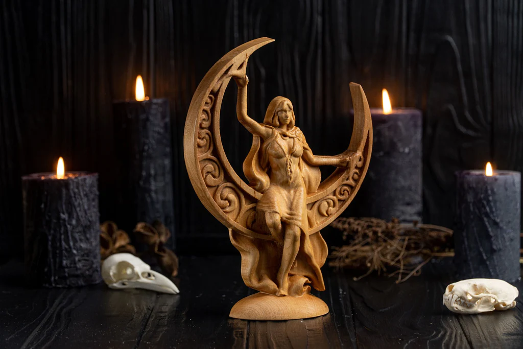 This ceramic statue of Luna showcases her gracefully perched upon the delicate crescent moon, evoking a sense of celestial beauty and wonder. 