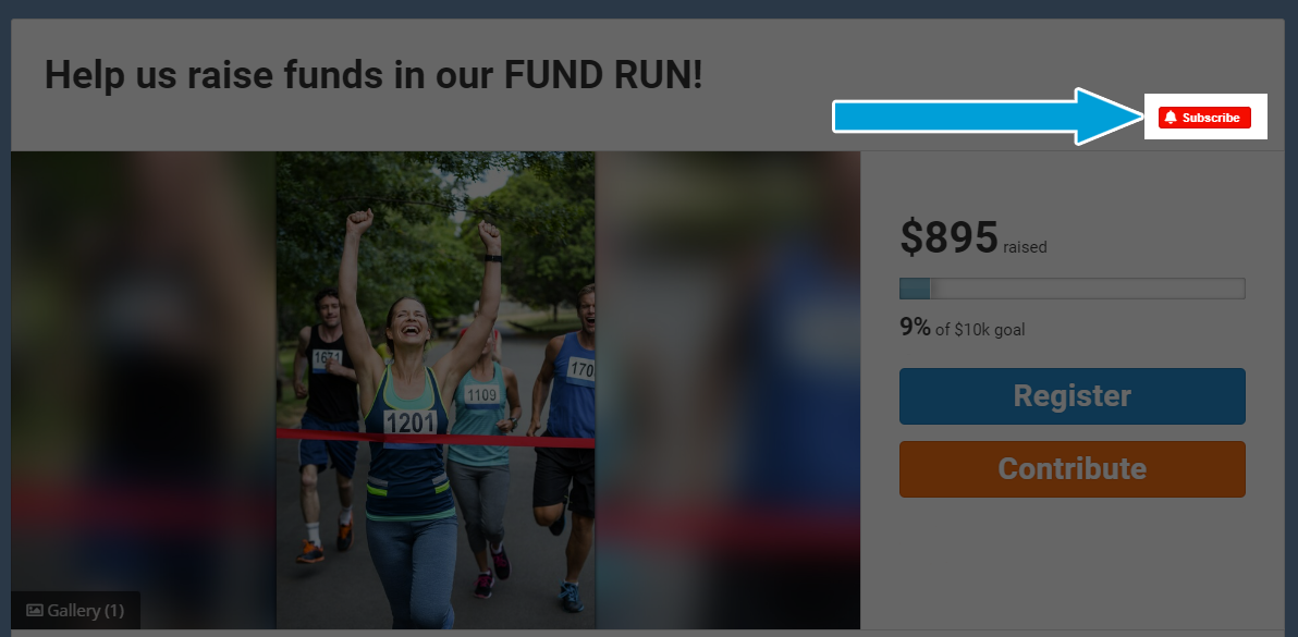 Screenshot of a campaign in desktop mode, with the red 'Subscribe' button in the top-right corner highlighted. A blue arrow points to the button. It is located to the right of the campaign title, above the goal meter.