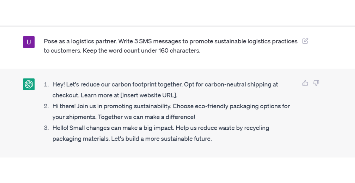 chatgpt prompt and SMS response to promote sustainability