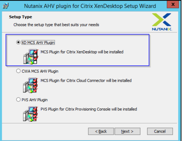 Machine generated alternative text:Nutanix AHV plugin for Citrix XenDesktop Setup Wizard x Setup Type Ci-mse he type hat nits yar '*eds KS Citix Xe•OeÖttop wa hstüd 'KS Citix Ca7*ctr be hst&d C) pvs PVS PkJ# for Citrix be