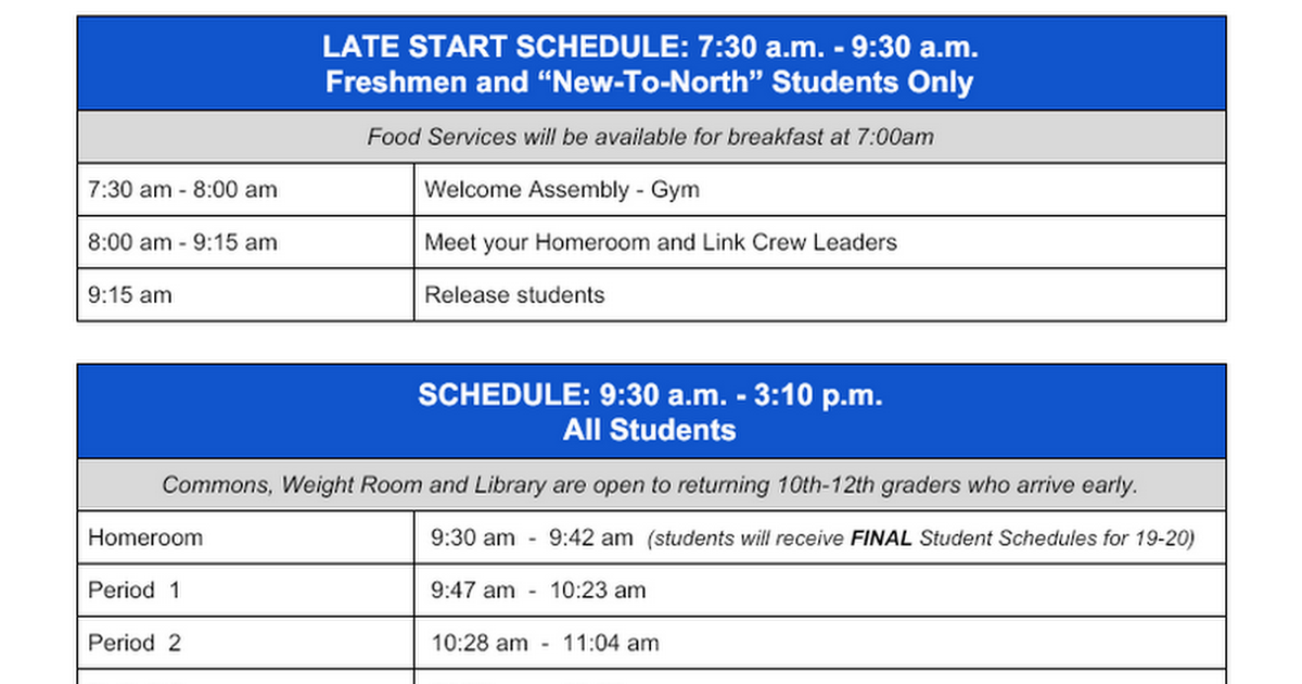First day of school schedule