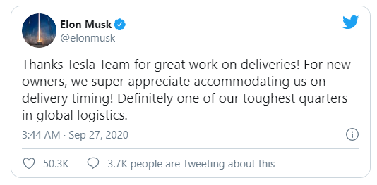 Tesla Ceo- Elon Musk appreciates the efforts of team for deliveries in “toughest” quarters. 22