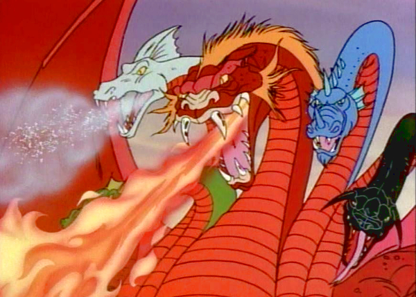 Animated dragon with 5 heads breathes fire. 