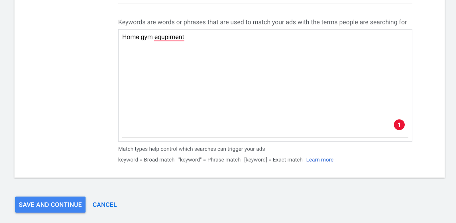 Google Ads campaign creation tool showing a single keyword 