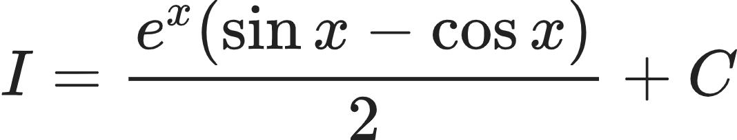 {"font":{"color":"#222222","size":10,"family":"Arial"},"type":"align*","code":"\\begin{align*}\n{I}&={\\frac{e^{x}\\left(\\sin x-\\cos x\\right)}{2}+C}\t\n\\end{align*}","id":"13-1-1-0-1-0-1-1-1","ts":1603713353478,"cs":"qH3cLMmAR3fsbPEexsJaqw==","size":{"width":177,"height":33}}