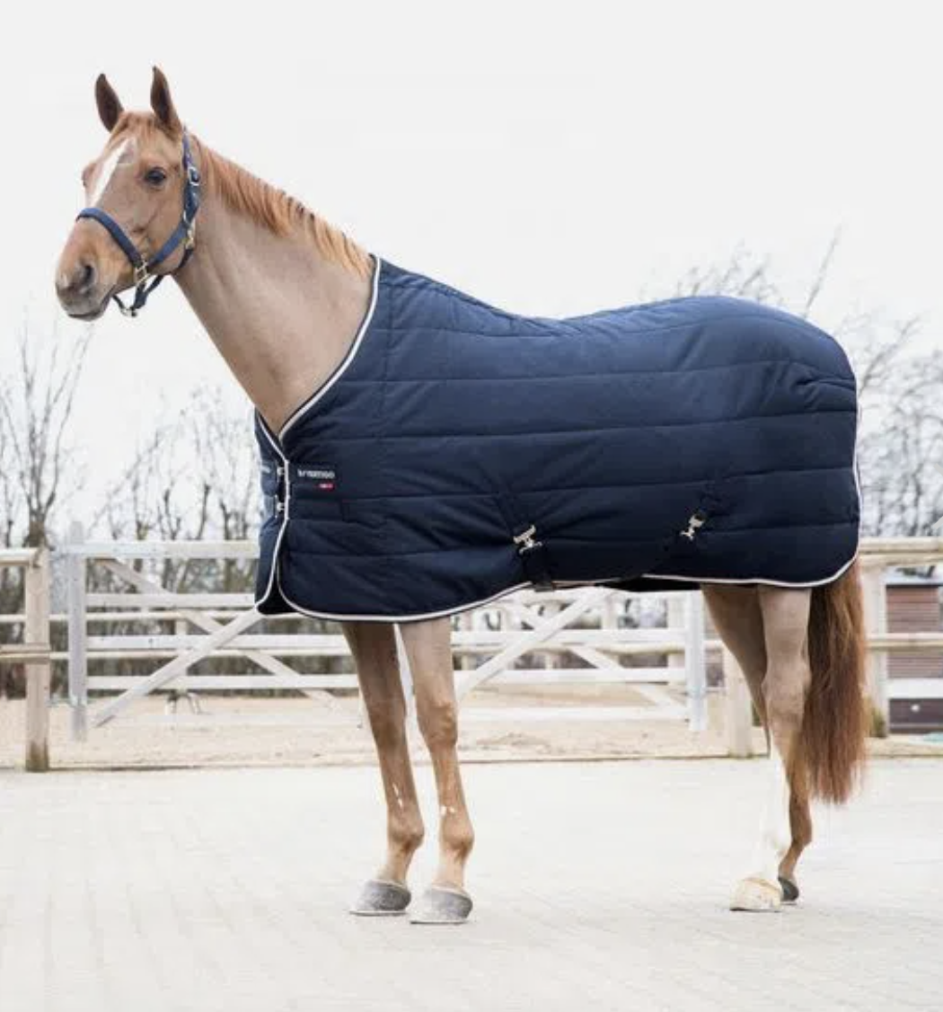 light chestnut horse wears an attractive navy stable blanket from B Vertigo