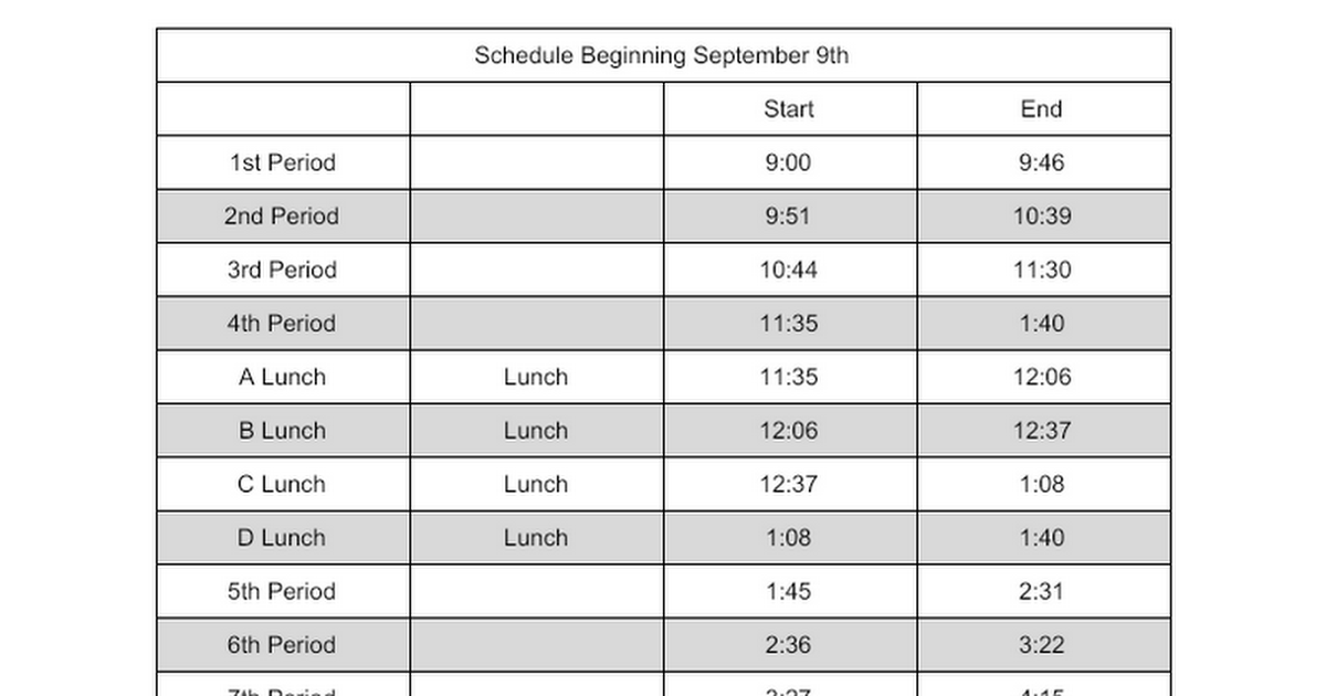 Schedule Beginning September 9th